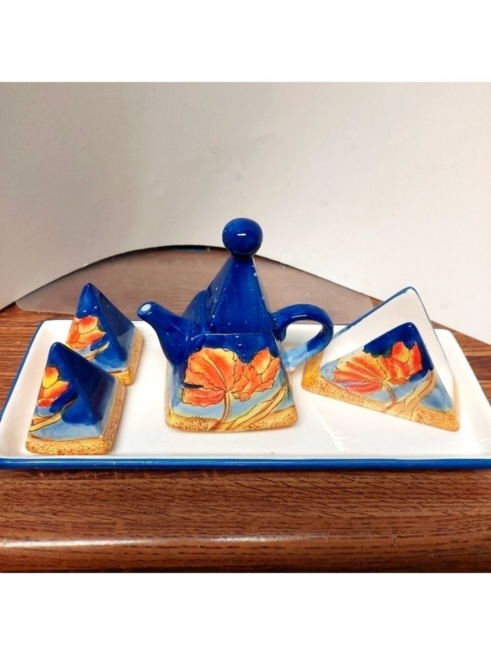 Vintage 90s Hi-Lux Japan Hand-painted Triangular Floral Teapot & Accessories